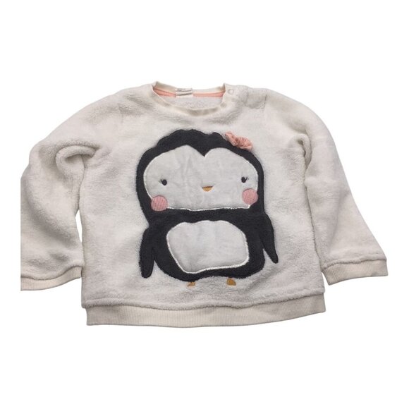 H&M Other - H&M Baby Girl Fleece Shirt White& Black Penguin Pink Bow Size 12-18M Soft & Warm